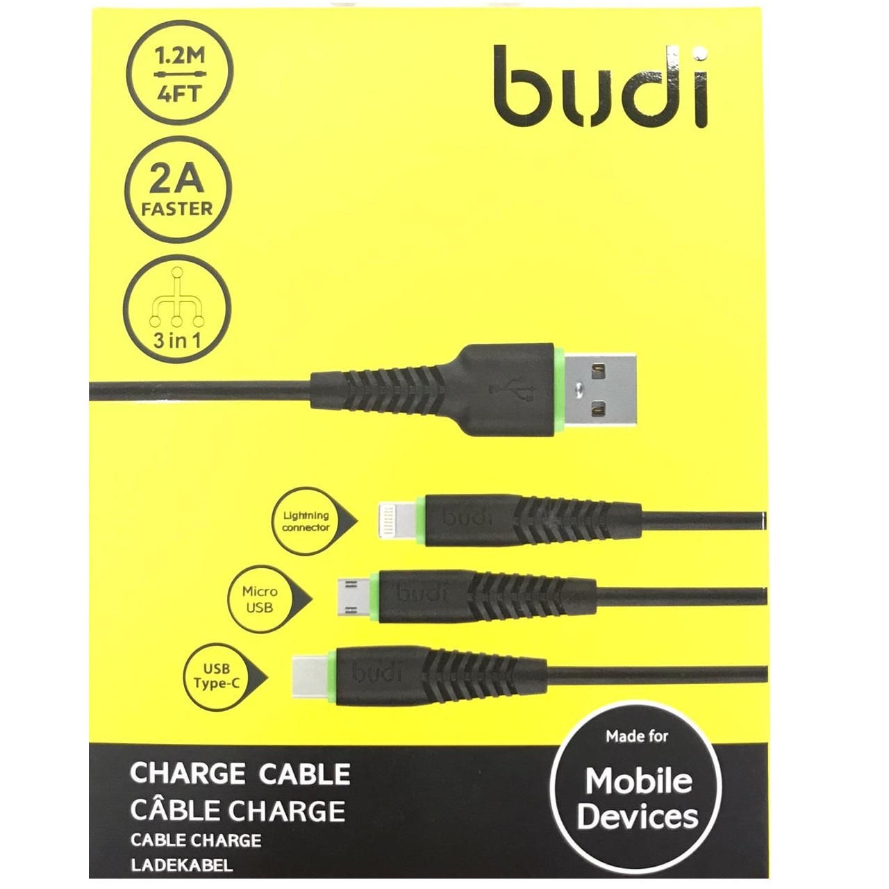 BUDI -  3 in 1 Multi Charging Cable - 3m - Black