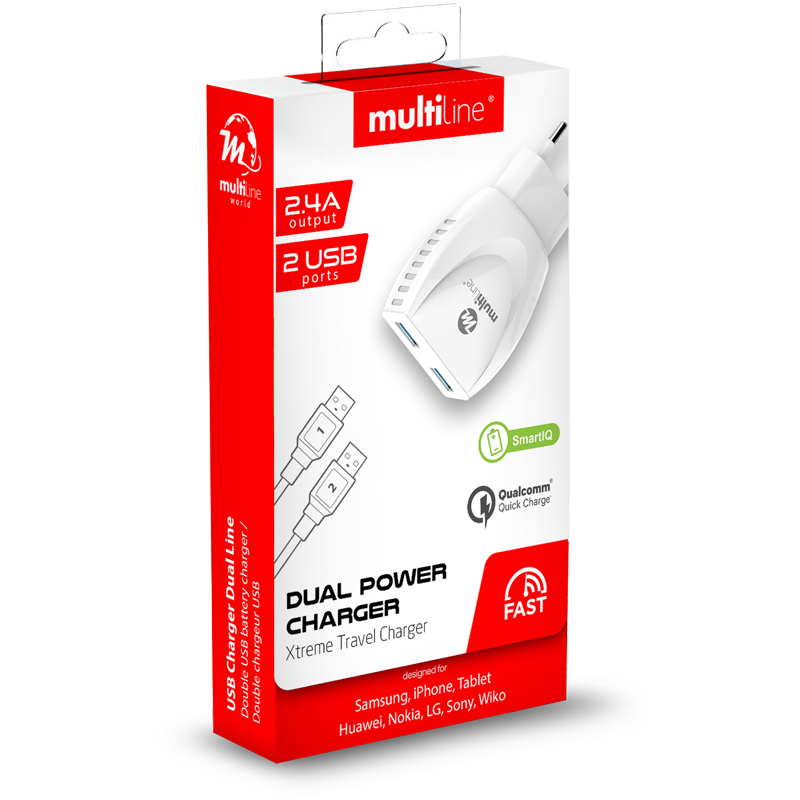 Multiline Dual Power Port Travel Charger 2.4A - incl. Micro USB Cable